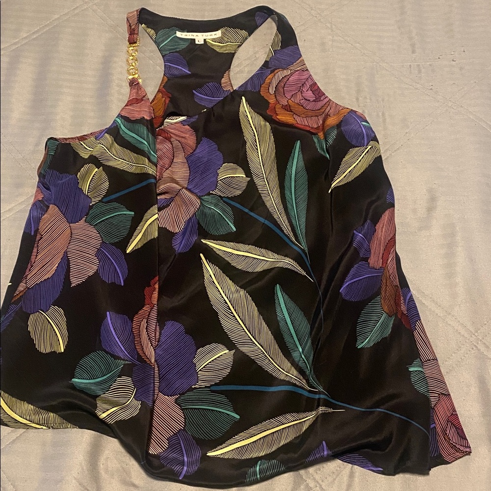 Trina Turk Multicolor Print  100% Silk Chain Detail Top Size Large